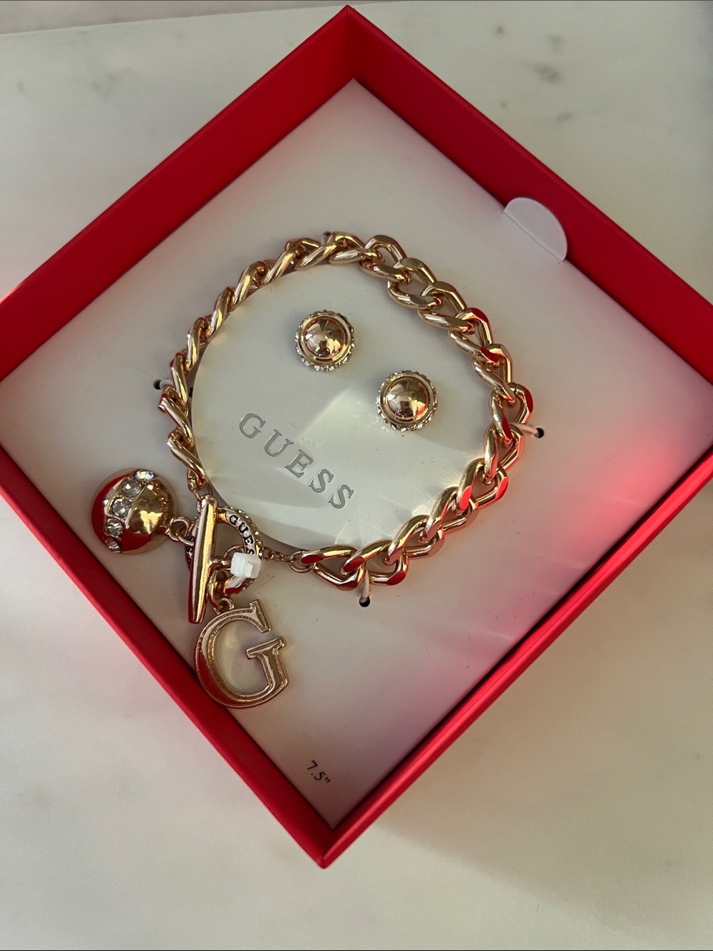 Guess Gold-Tone Charm Chain Bracelet with Crystal-Accent Stud Earrings